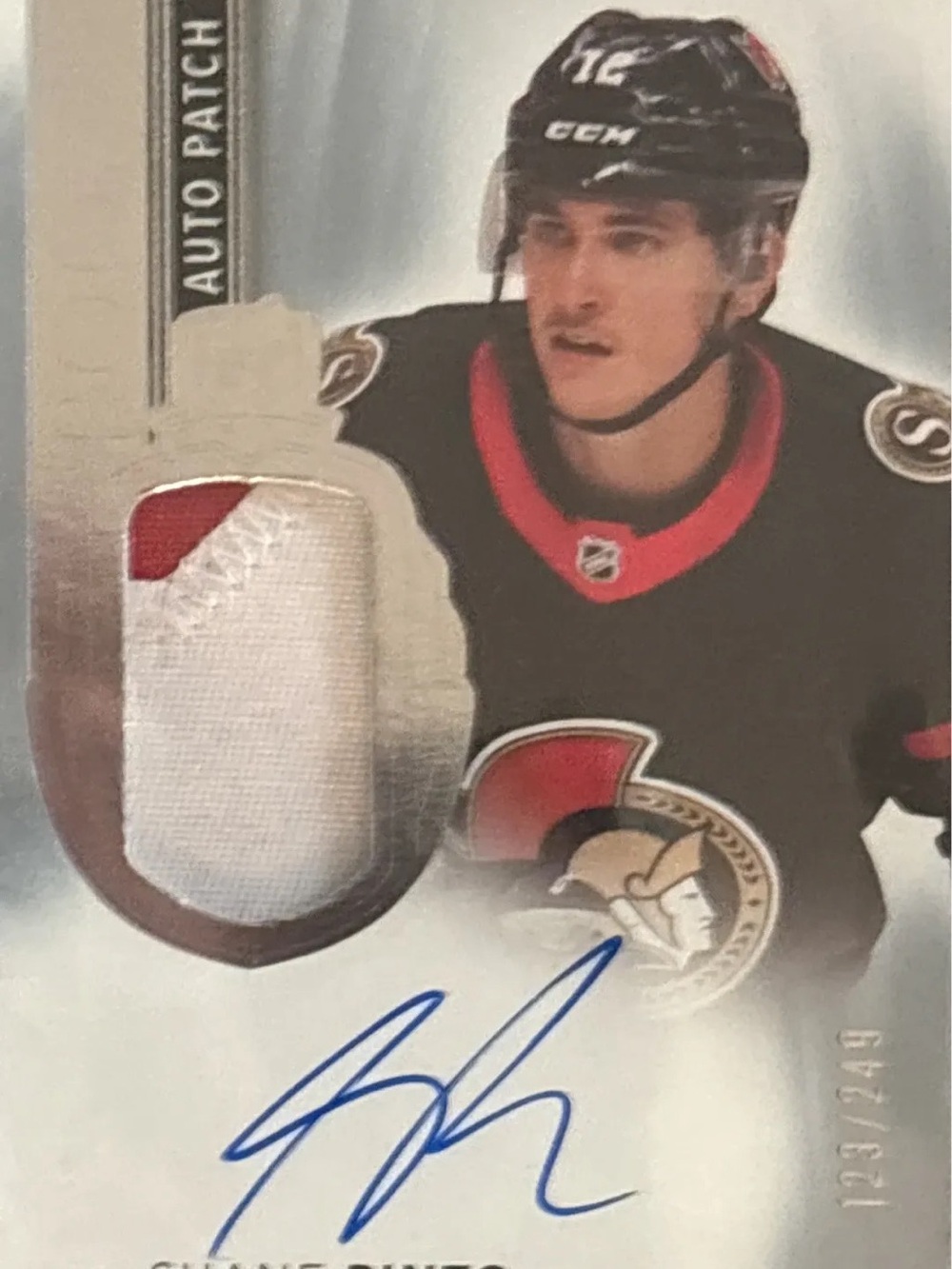 Upper Deck Shane Pinto Rookie Hockey Trading Card Jersey Patch, Auto, LE 123/249